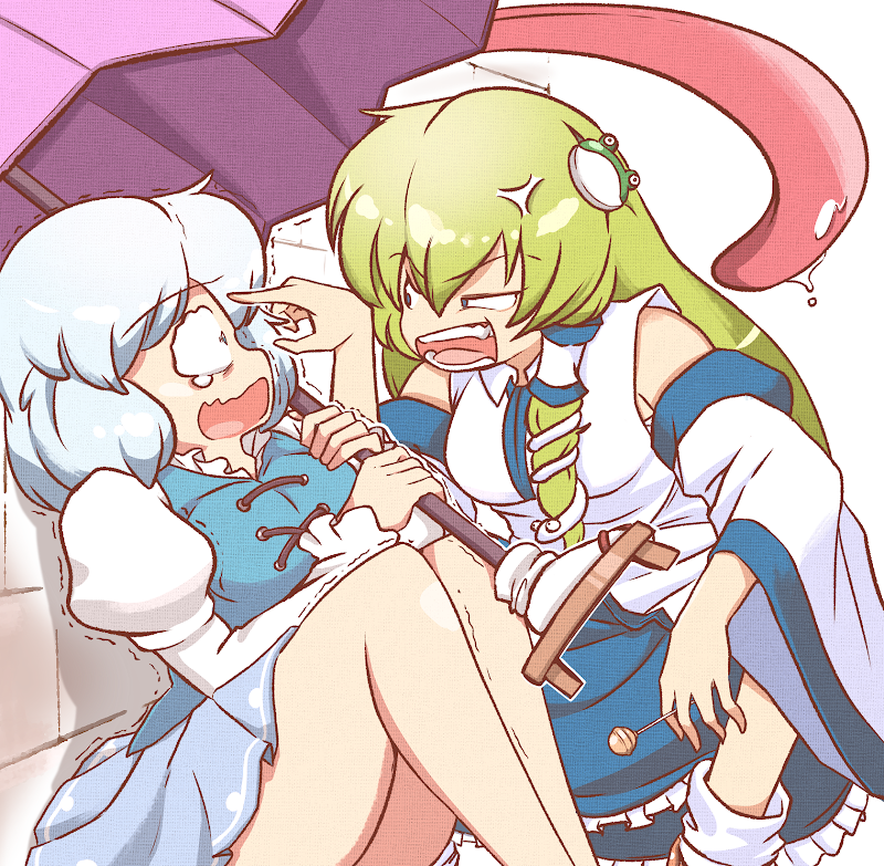 2girls, anger_vein, angry, blue_hair, blue_skirt, blue_vest, commentary, detached_sleeves