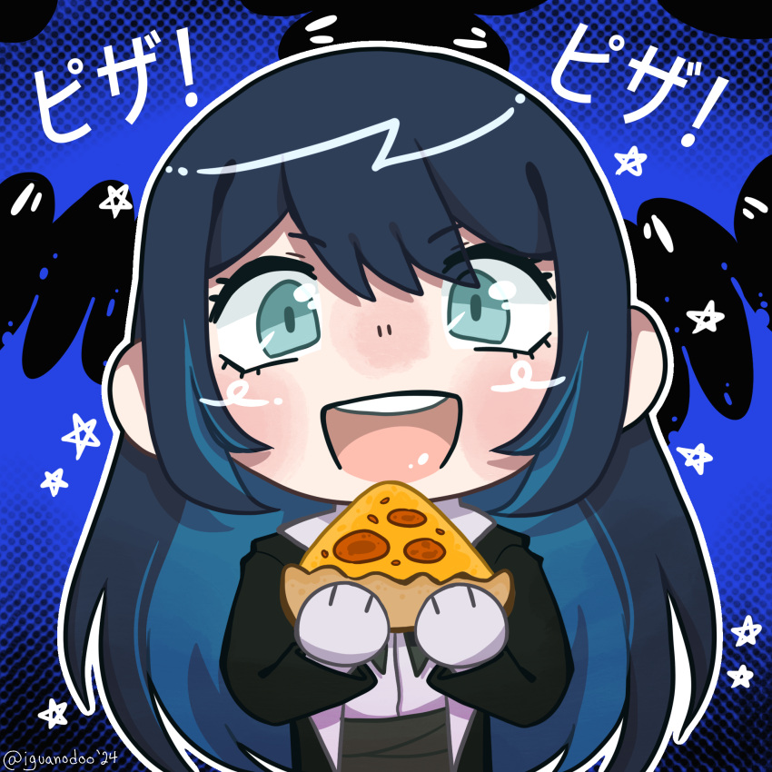 1girl, ado_(utaite), black_coat, blue_background, blue_eyes, blue_hair, chando_(ado), chibi, chicago_deep_dish_pizza, cloud_nine_inc, coat, colored_inner_hair, commentary, english_commentary, food, gloves, hair_between_eyes, highres, holding, holding_food, holding_pizza, iguanodoo, long_hair, long_sleeves, looking_at_viewer, multicolored_hair, open_mouth, pizza, smile, solo, star_(symbol), straight-on, teeth, translated, twitter_username, upper_body, upper_teeth_only, white_gloves, wish_(ado)