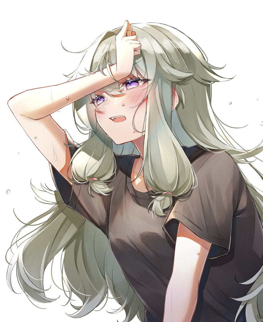 1girl, arm_up, black_shirt, blush, breasts, green_hair, highres, kusanagi_nene