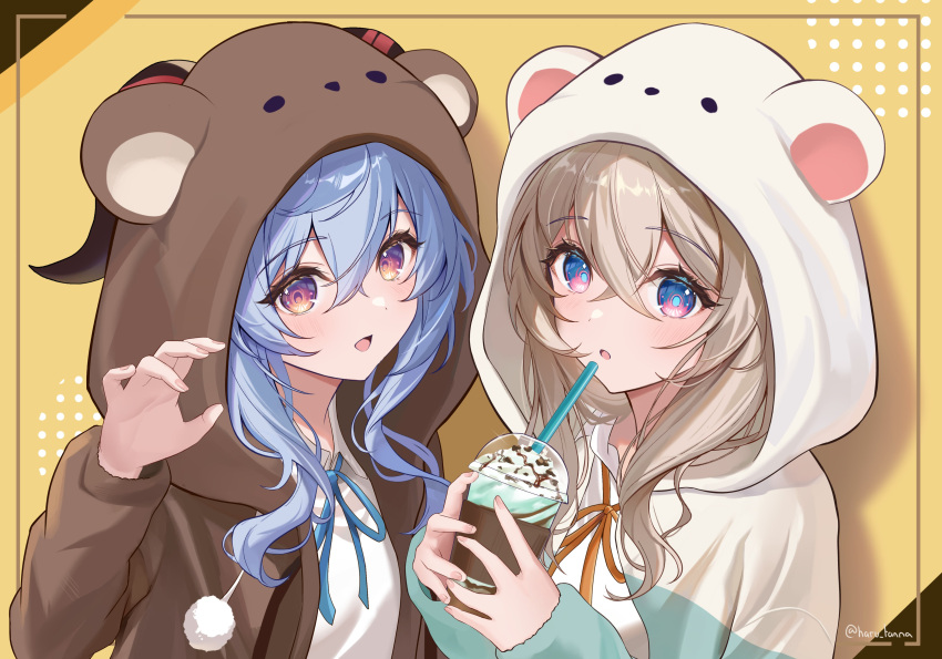 2girls, :o, absurdres, alternate_costume, animal_hood, artist_name, blonde_hair, blue_eyes