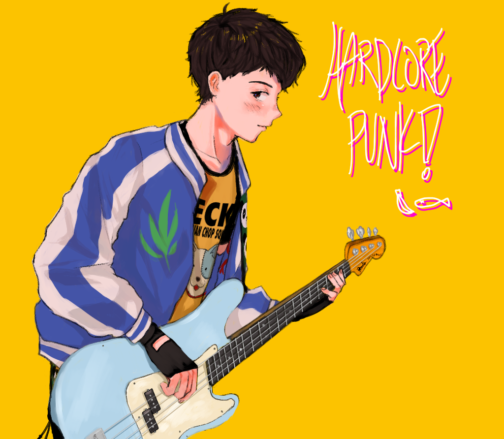 1boy, banana_fish, bass_guitar, beck, beck_(beck), blue_jacket, brown_hair, cannabis_print