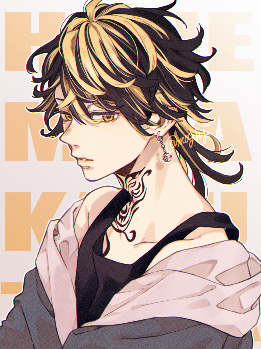 1boy, black_hair, black_tank_top, chest_tattoo, earrings, from_side, hair_between_eyes, hanemiya_kazutora