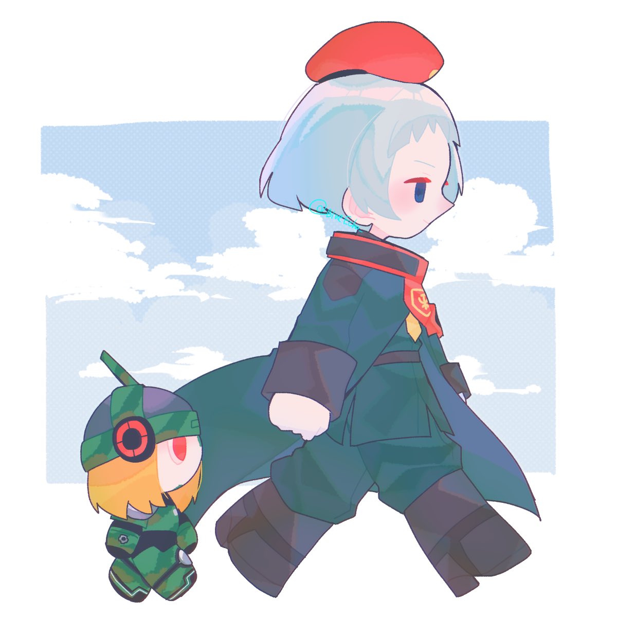 2boys, armor, beret, blonde_hair, blue_eyes, boots, brown_footwear, chibi, clouds, coat, green_coat, green_helmet, green_jacket, green_pants, grey_hair, hat, highres, jacket, long_sleeves, medium_hair, mega_man_(series), mega_man_battle_network_(series), multiple_boys, pants, raika_(mega_man), red_eyes, redhead, searchman.exe, short_hair, sleeves_rolled_up, une_reverie, uniform, white_background