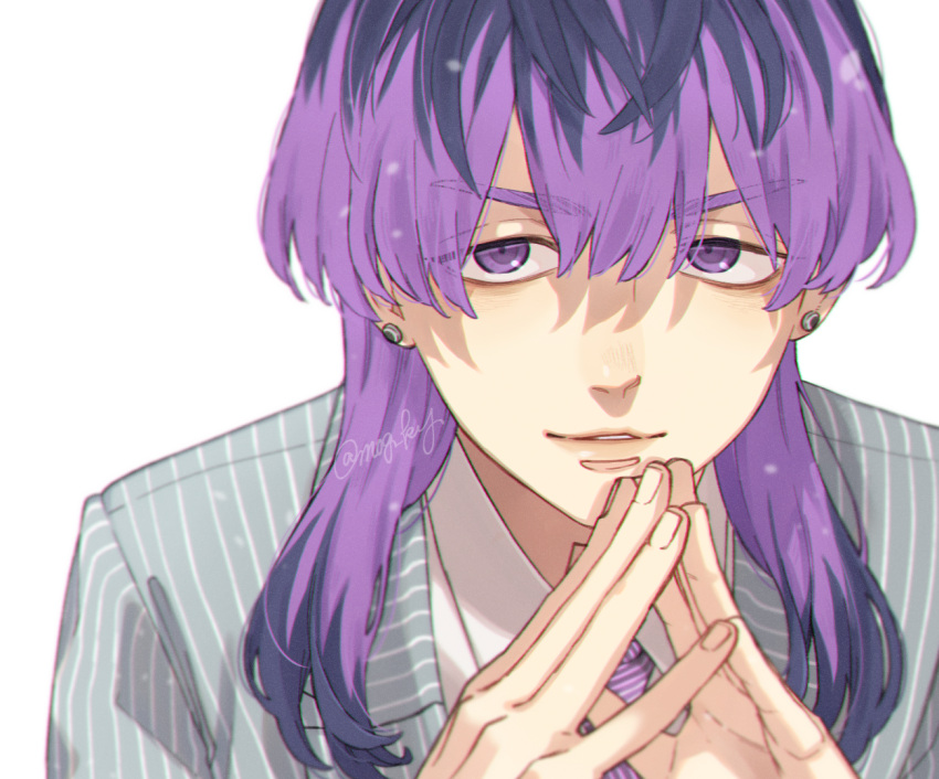 1boy, blue_suit, close-up, collared_shirt, ear_piercing, haitani_rindou, leaning_forward, light_blue_jacket