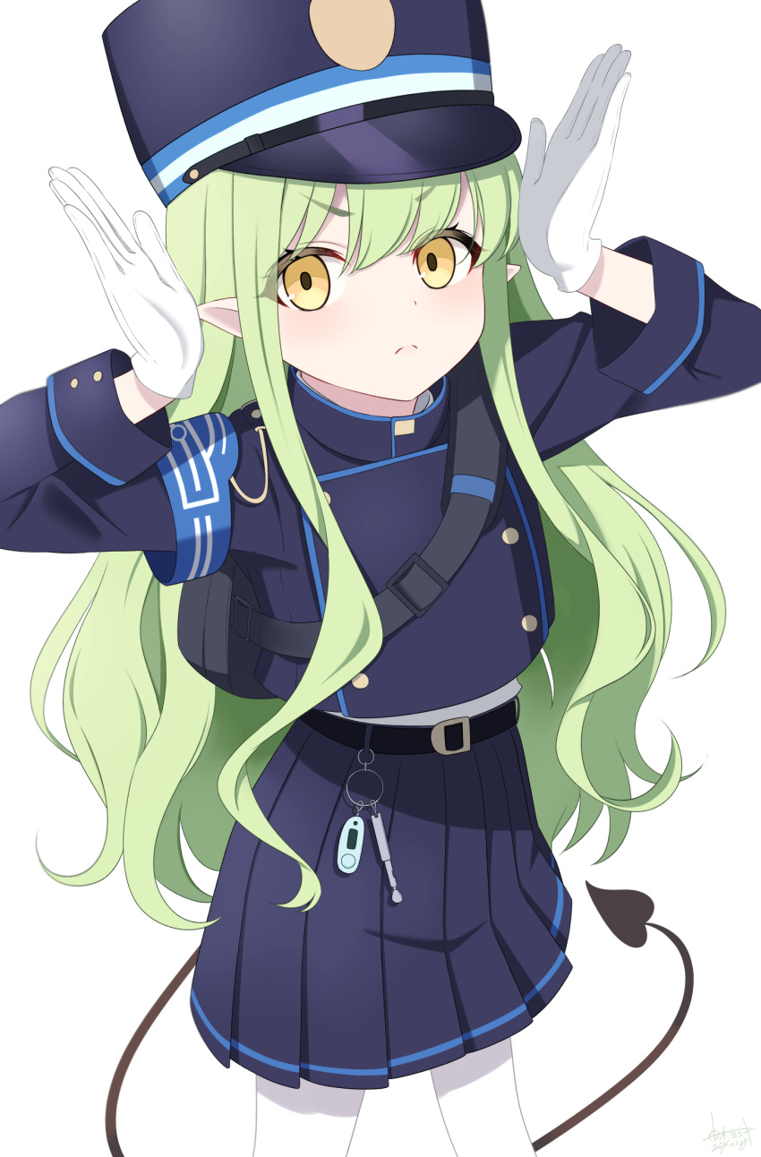 1girl, belt, black_belt, black_hat, black_jacket, black_skirt, black_tail, blue_archive, blush, closed_mouth, cowboy_shot, demon_tail, gloves, green_hair, hat, highlander_sidelocks_conductor_(blue_archive), highres, jacket, long_hair, long_sleeves, looking_at_viewer, pantyhose, peaked_cap, pleated_skirt, pointy_ears, sidelocks, simple_background, skirt, solo, tail, white_background, white_gloves, white_pantyhose, yellow_eyes, yoshiki_3821