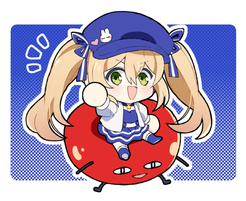 :d, blonde_hair, blue_background, blue_dress, blue_footwear, blue_hat, chibi, dokibird_(vtuber)