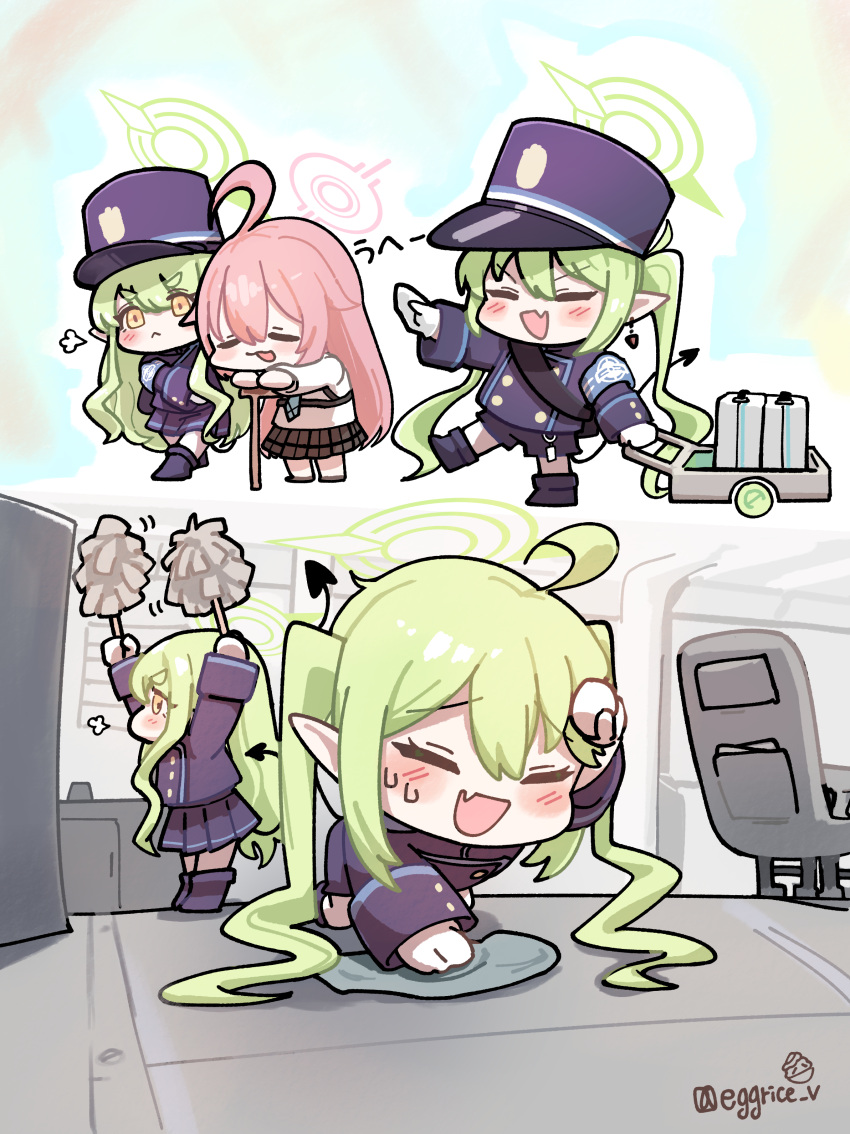 3girls, absurdres, ahoge, black_footwear, black_hat, black_shirt, black_shorts, black_skirt