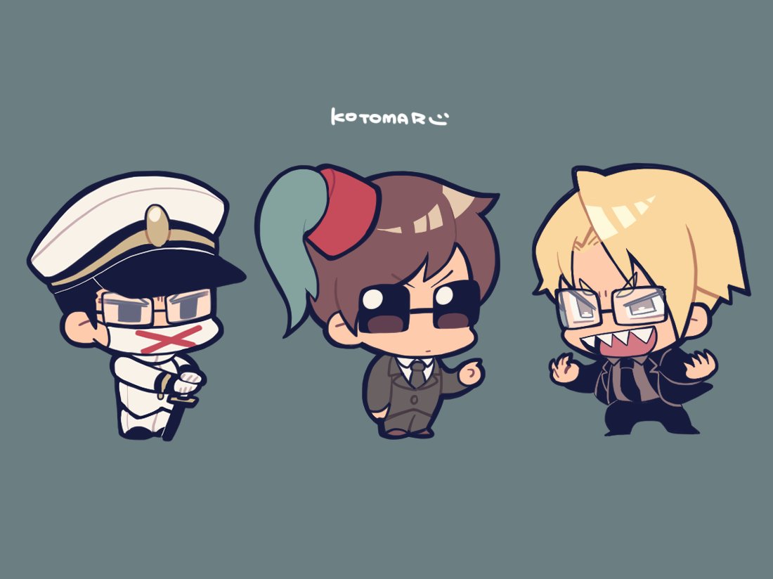 3boys, black_jacket, black_necktie, black_pants, blonde_hair, chibi, chibi_only, fez_hat, fingernails, grey_background, grey_eyes, grey_jacket, grey_necktie, grey_pants, gruppen_fuhrer, hitoranran, jacket, katana, kotorai, marumaru_no_shuyaku_wa_wareware_da!, multiple_boys, necktie, osuman, pants, red_hat, sharp_fingernails, sharp_teeth, signature, sunglasses, sword, teeth, weapon, white_hat, white_jacket, white_mask, white_pants
