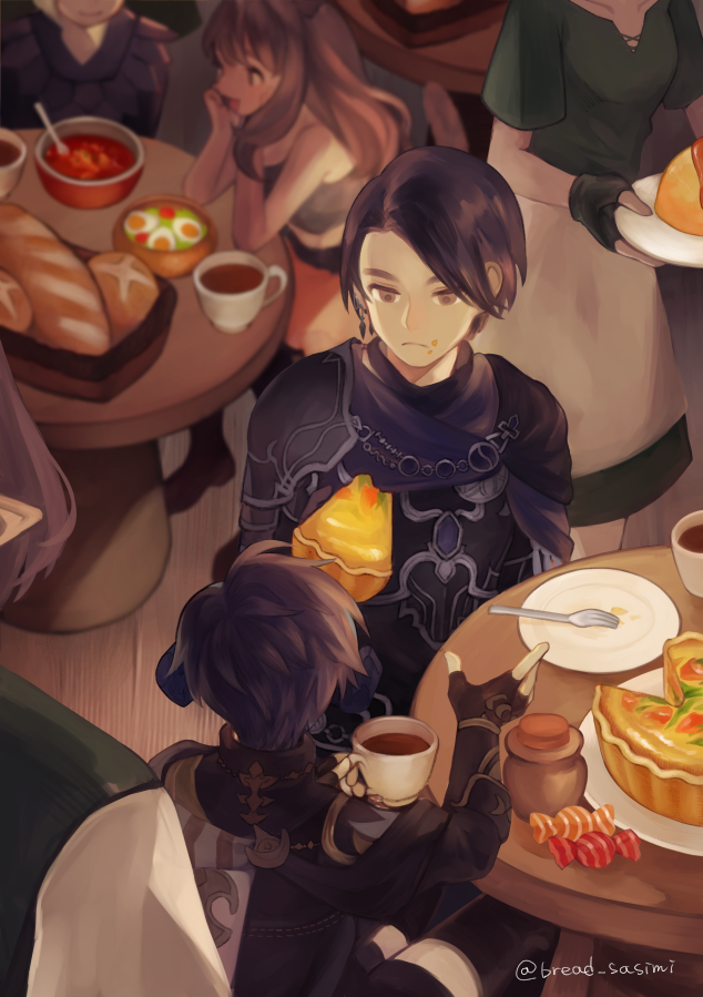 4girls, androgynous, armor, au_ra, black_gloves, black_hair, bowl, bread