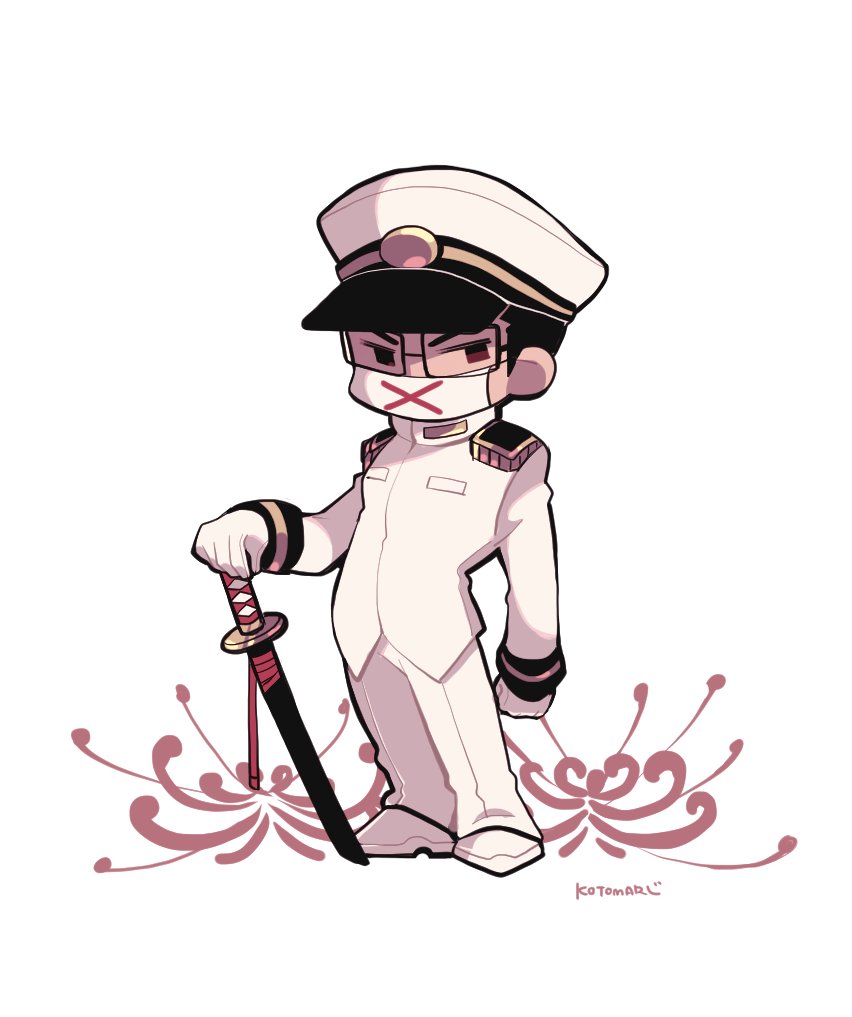 1boy, arm_at_side, black_hair, brown_eyes, flower, full_body, gloves, hitoranran