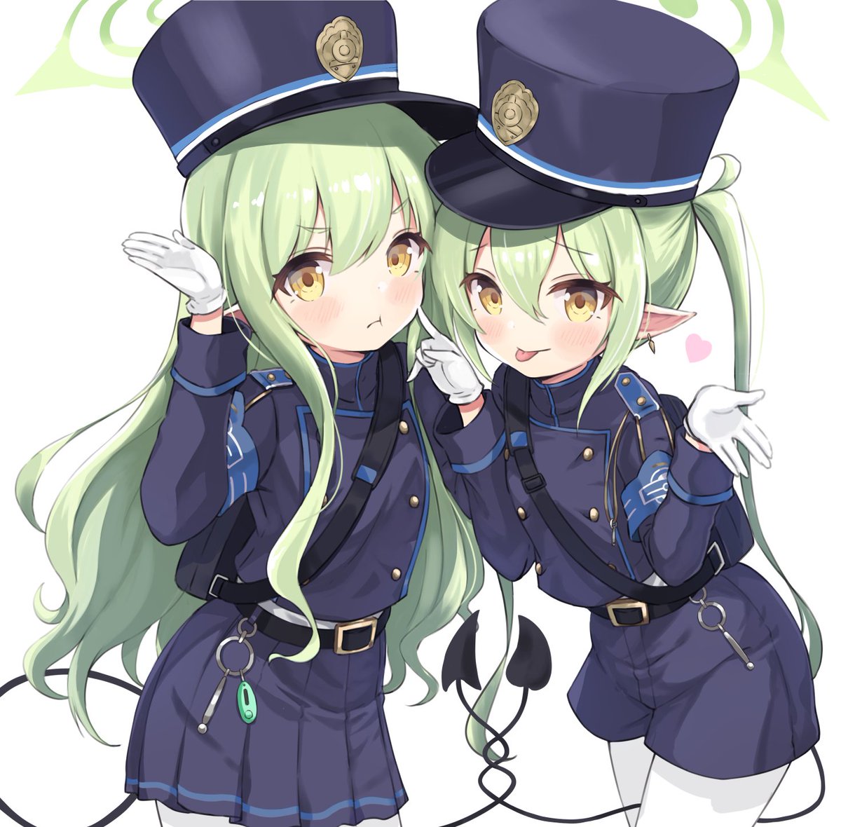 2girls, belt, black_belt, black_hat, black_jacket, black_shorts, black_skirt, black_tail