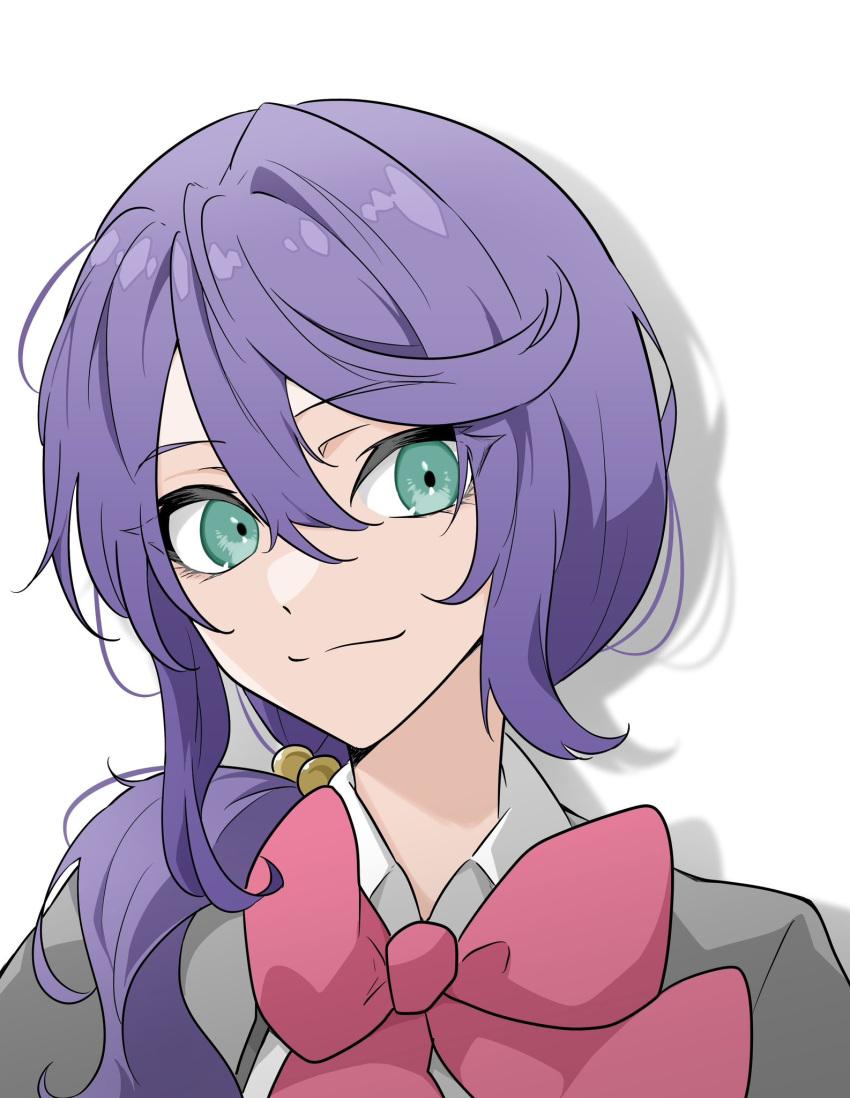 1girl, bell, bow, bowtie, closed_mouth, collared_shirt, commentary_request, drop_shadow