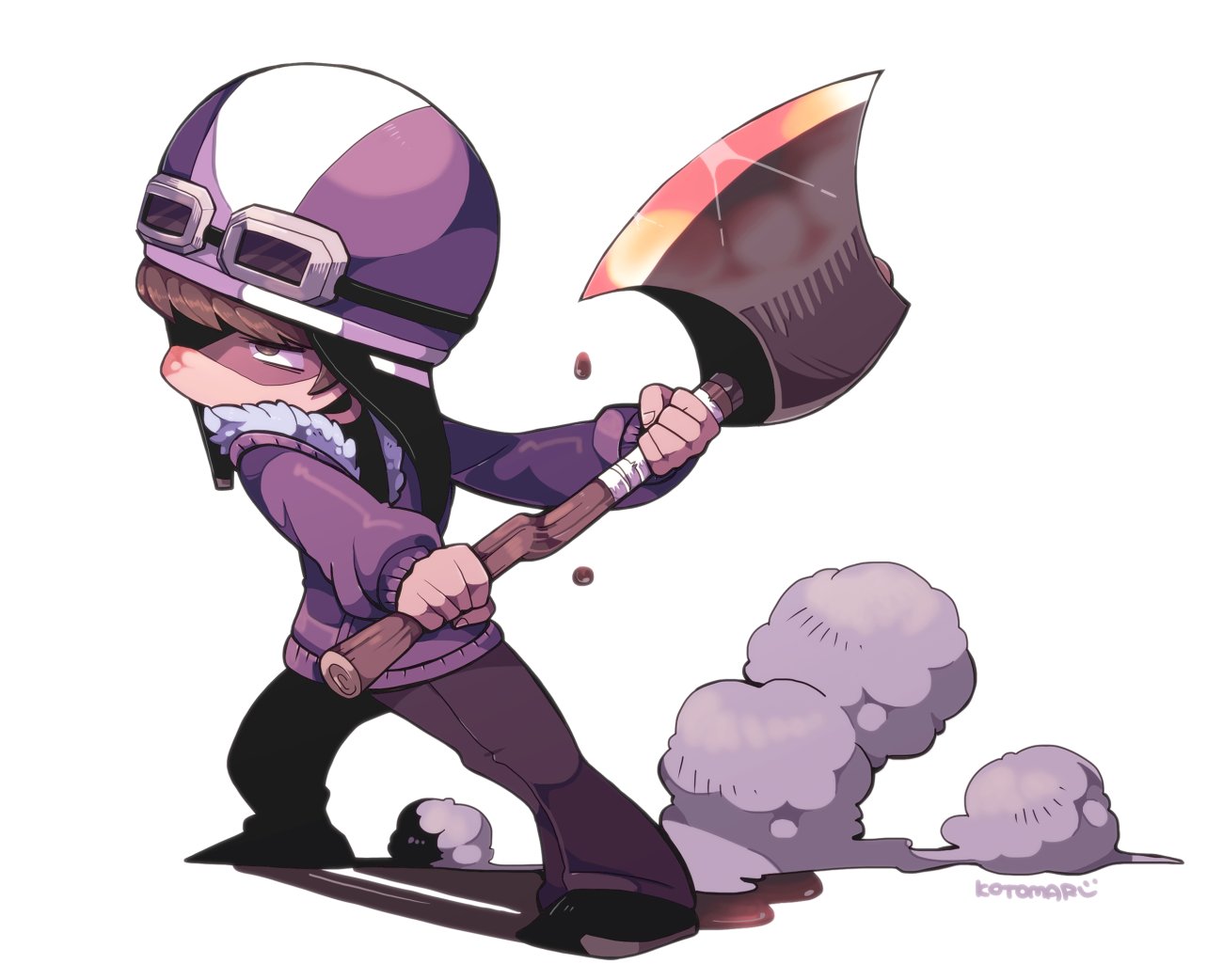 1boy, axe, blood, blood_on_face, brown_hair, dust, fingernails, full_body