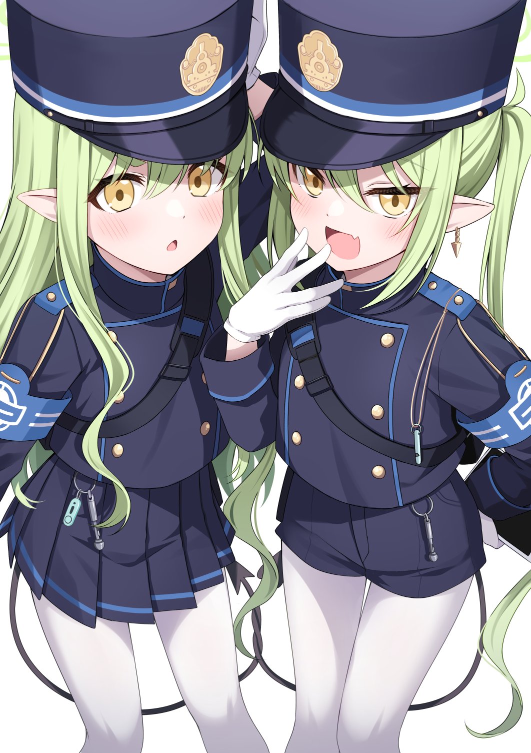 2girls, black_hat, black_jacket, black_shorts, black_skirt, black_tail, blue_archive, blush