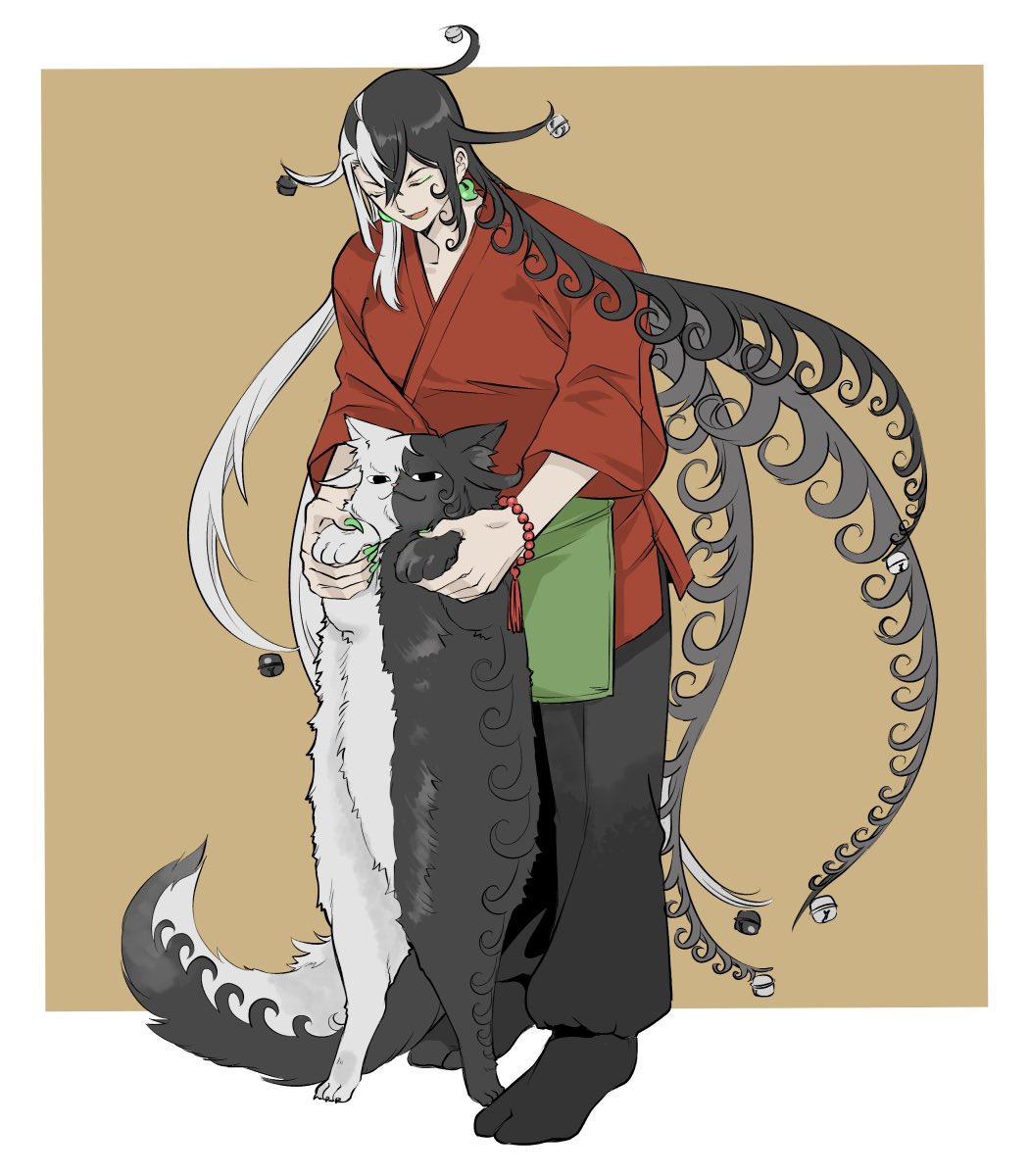 1boy, :3, alternate_costume, animal, animalization, armpit_carry, ashiya_douman_(fate), asymmetrical_hair