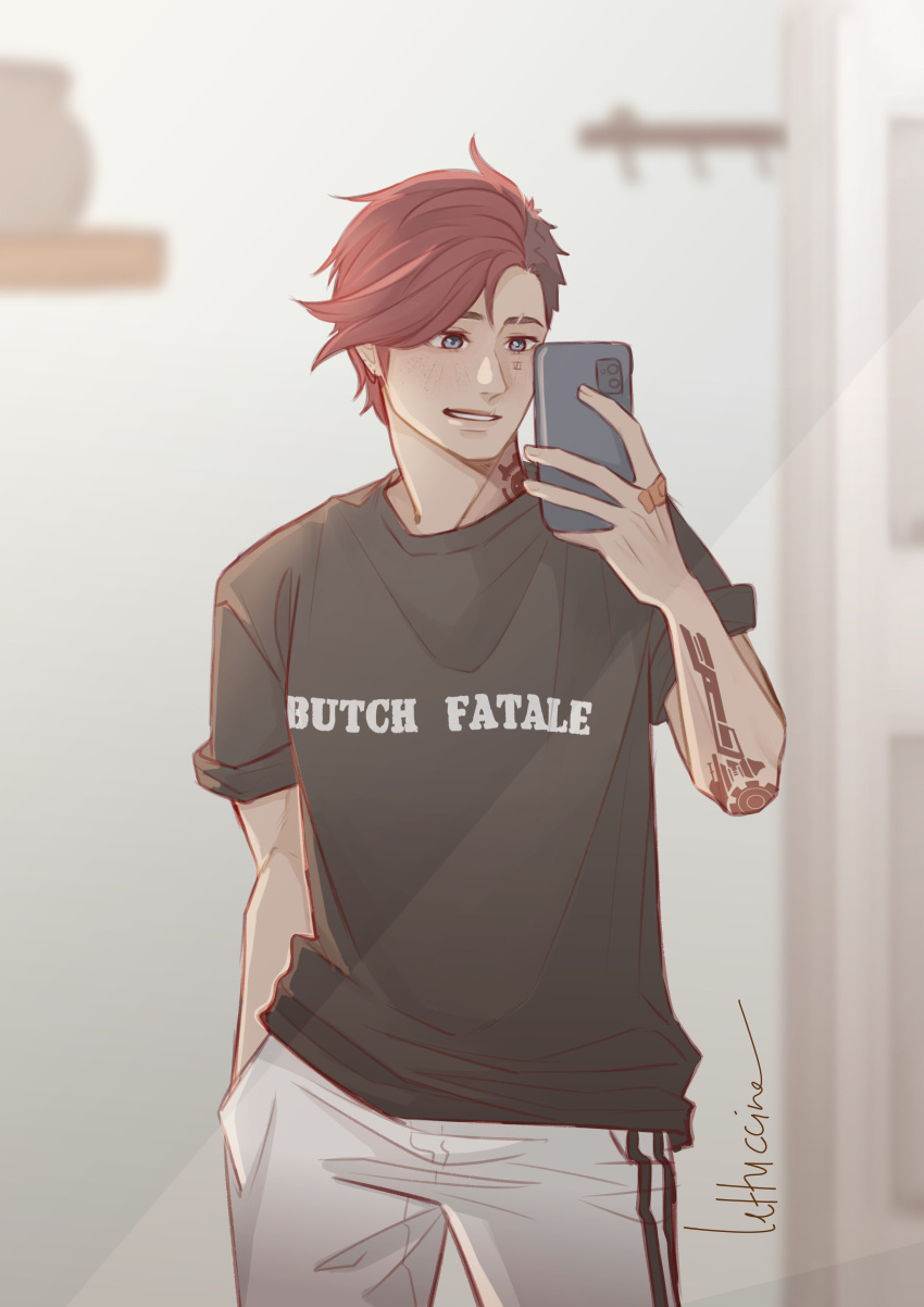 1girl, absurdres, arcane:_league_of_legends, arcane_vi, arm_tattoo, bandaged_hand, bandages, black_shirt