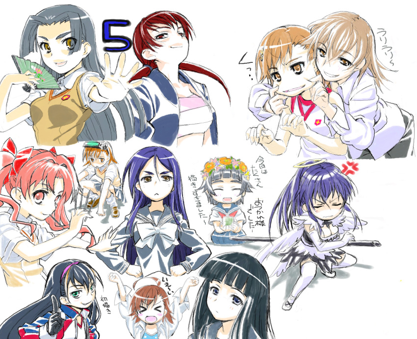 >_<, ahoge, anger_vein, angry, bandages, bow, breasts, cheek_pinch
