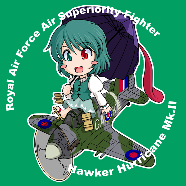 blue_eyes, blue_hair, blush_stickers, commentary, geta, hawker_hurricane, heterochromia, karakasa