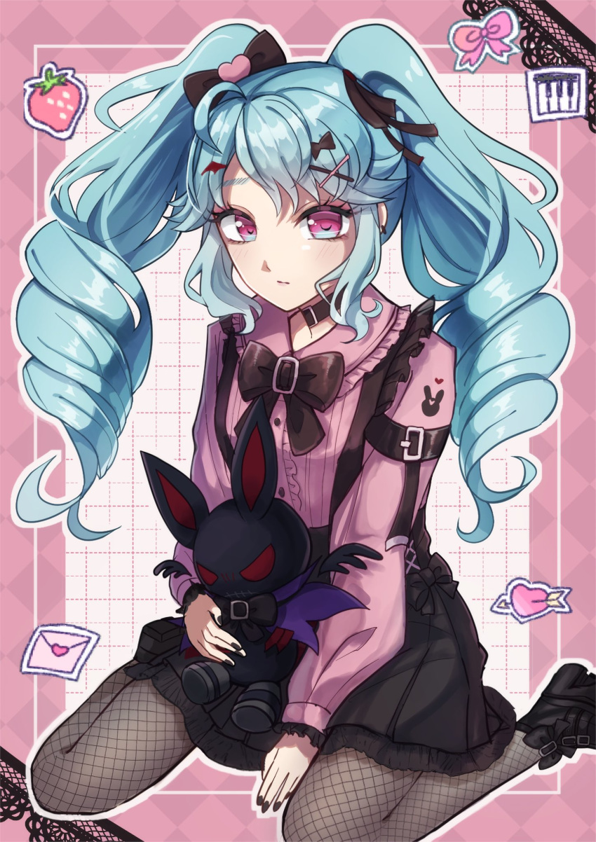 1girl, ajisai_hana_(hydrangea_096), alternate_costume, between_legs, black_bow, black_footwear, black_nails, black_pantyhose, black_ribbon, black_skirt, blue_hair, border, bow, commentary_request, envelope, fishnet_pantyhose, fishnets, food, fruit, full_body, hair_bow, hair_ornament, hand_between_legs, highres, idol_land_pripara, jirai_kei, katasumi_amari, long_hair, long_sleeves, looking_at_viewer, love_letter, mario_(pripara), mario_(rabbit)_(pripara), nail_polish, neck_ribbon, outline, pantyhose, pink_border, pink_eyes, pink_shirt, pleated_skirt, pretty_series, pripara, rabbit, ribbon, shirt, shoes, sitting, skirt, strawberry, stuffed_toy, suspenders, twintails, wariza, white_outline, x_hair_ornament