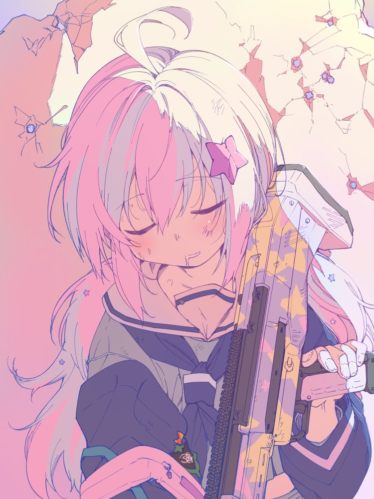 1girl, ahoge, black_jacket, black_neckerchief, blue_archive, blush, grey_serafuku, gun