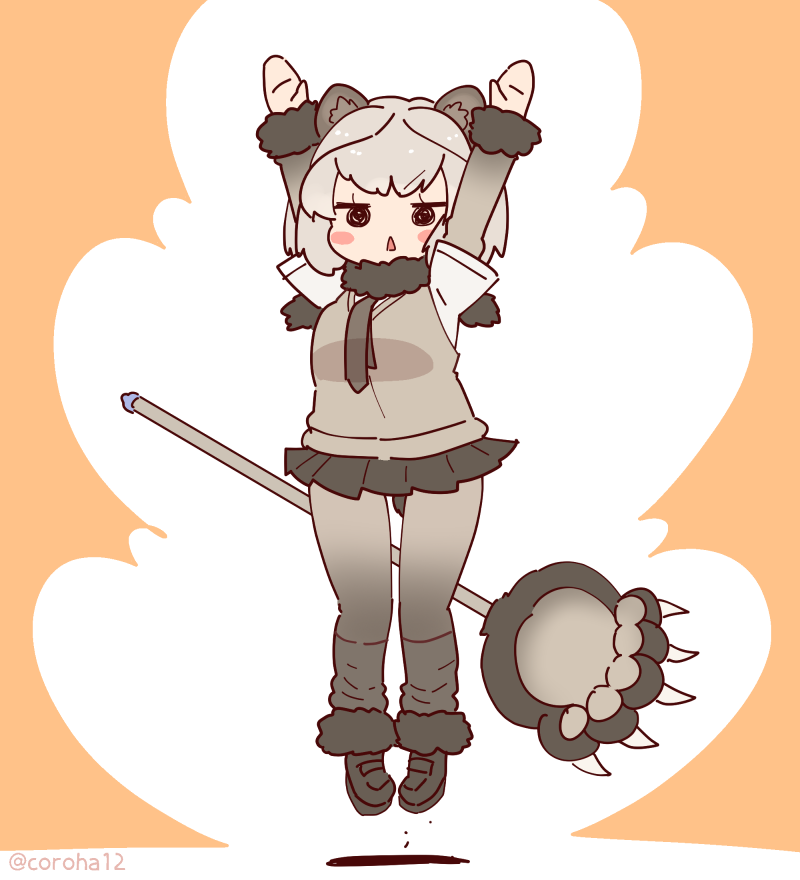 1girl, animal_ears, arms_up, bear_ears, bear_girl, bear_tail, brown_background, cardigan