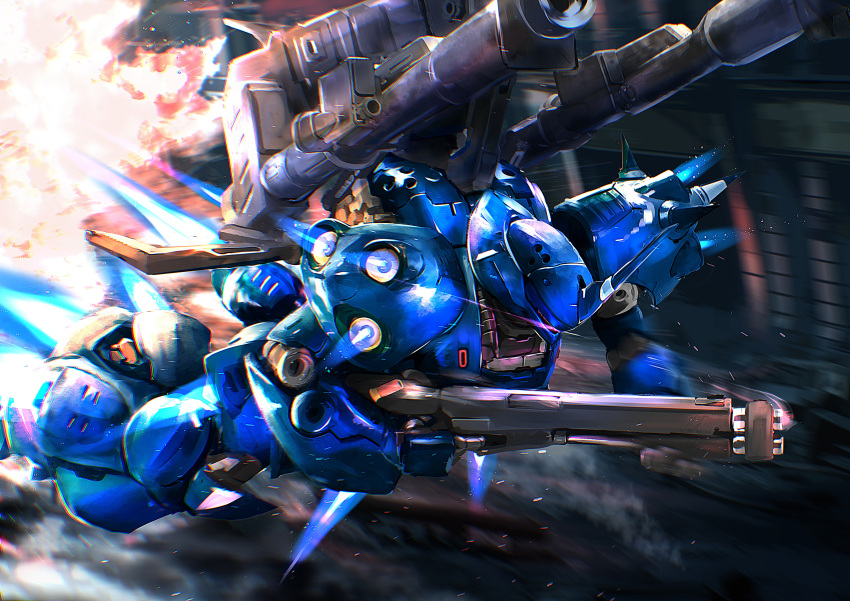 absurdres, bazooka_(gundam), commentary_request, exhaust, explosion, eye_trail, flying, glowing