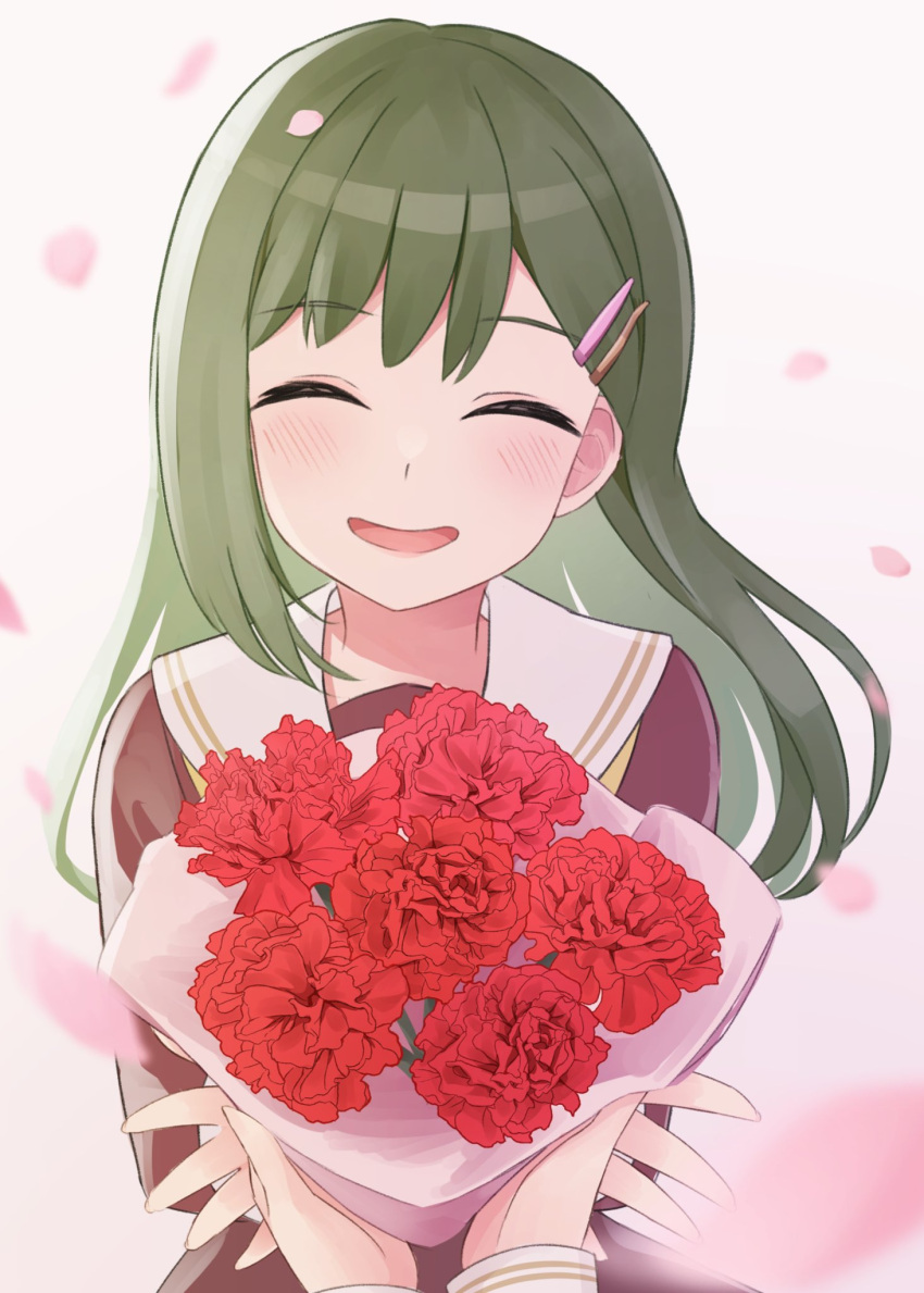 2girls, blush, bouquet, brown_dress, closed_eyes, dress, facing_viewer, falling_petals