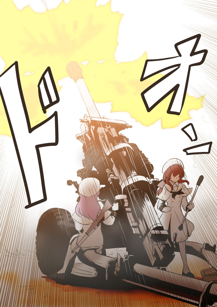 2girls, absurdres, artillery, beret, black_neckerchief, blue_archive, brown_hair, buttons