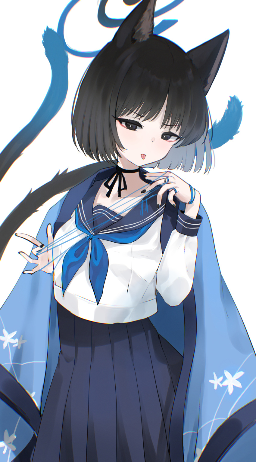 1girl, absurdres, akahaneko, animal_ears, black_eyes, black_hair, black_nails, black_sailor_collar