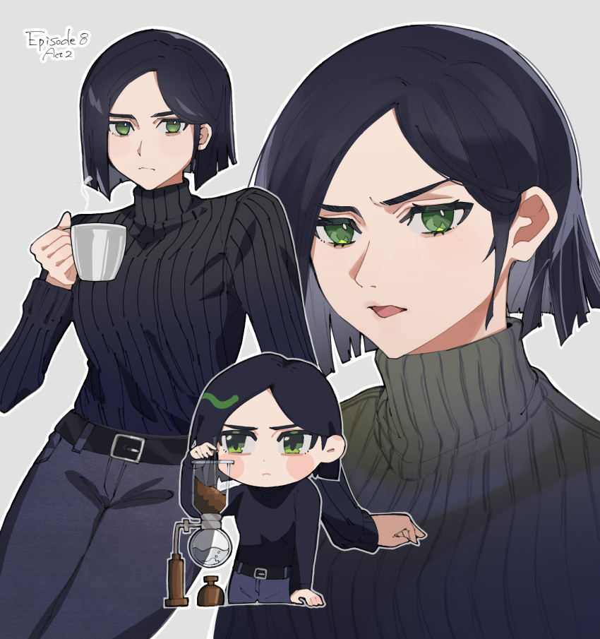 1girl, absurdres, animification, annoyed, black_hair, black_pants, blush, chibi, chibi_inset, coffee_grinder, cup, frown, green_eyes, hair_behind_ear, highres, holding, holding_cup, looking_at_viewer, mug, multiple_views, nanana_(syoki0916), open_mouth, pants, ribbed_sweater, short_hair, steam, sweater, sweater_tucked_in, turtleneck, turtleneck_sweater, v-shaped_eyebrows, valorant, viper_(valorant)