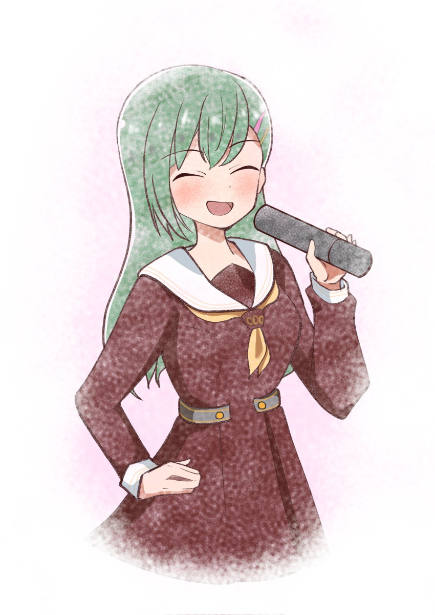 1girl, ^_^, brown_dress, check_commentary, closed_eyes, commentary_request, corocoro567, double-parted_bangs