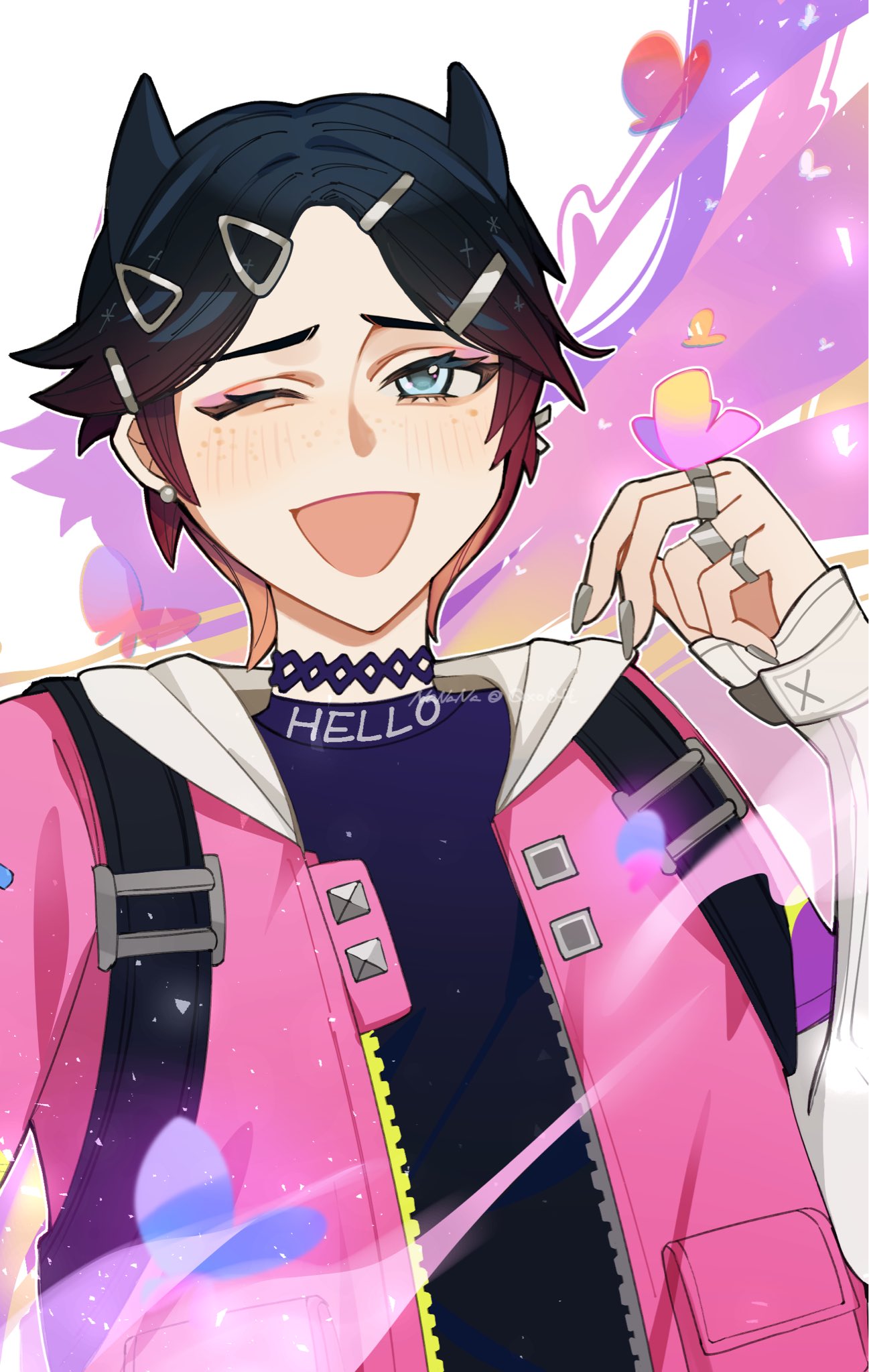 1other, animification, black_choker, black_hair, black_shirt, blue_eyes, blush, bug