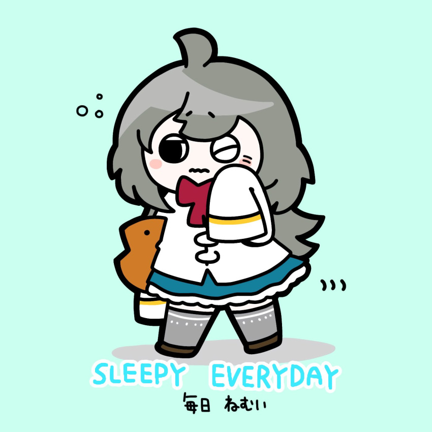 1girl, ahoge, animal-shaped_pillow, aqua_background, arm_at_side, assault_lily, black_footwear, blue_skirt, blush, bow, bowtie, chibi, closed_mouth, commentary, fish-shaped_pillow, full_body, grey_hair, grey_thighhighs, hand_up, herensuge_girls_academy_school_uniform, highres, holding, holding_pillow, jacket, konpeitoull_(c12h22o11_tr_6), long_hair, long_sleeves, miniskirt, motion_lines, one_eye_closed, pillow, red_bow, red_bowtie, rubbing_eyes, sasaki_ran, school_uniform, shoes, simple_background, skirt, sleepy, solid_circle_pupils, solo, squeans, thigh-highs, walking, wavy_mouth, white_jacket