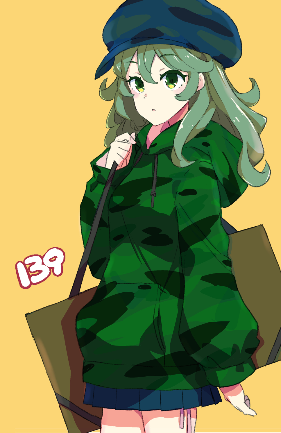 1girl, backpack, bag, blue_hat, blue_skirt, breasts, brown_bag, camouflage