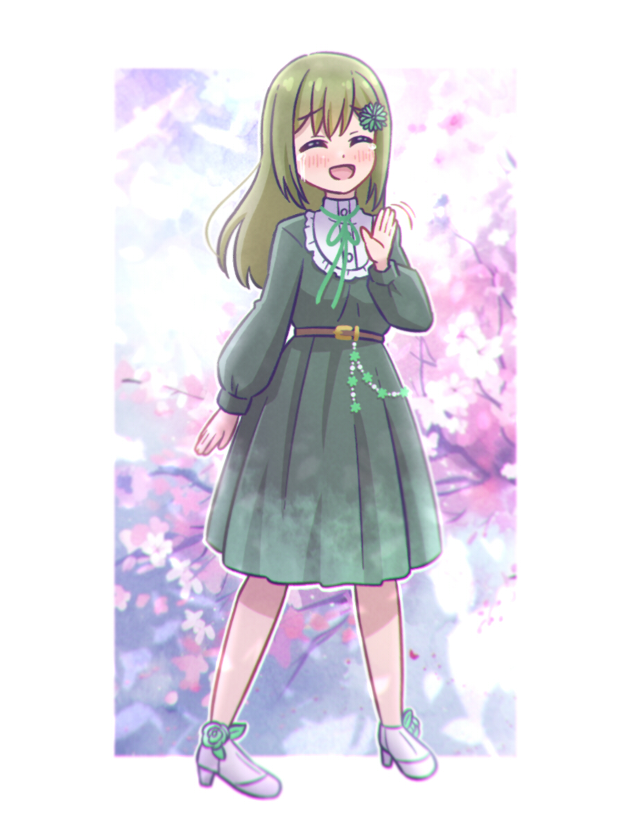 1girl, ^_^, akihitohappy, arm_at_side, belt, bolo_tie, border, brown_belt, check_commentary, cherry_blossoms, chromatic_aberration, closed_eyes, commentary_request, cosplay, crying, dakishimeru_hanabira_(love_live!), dress, facing_viewer, flower, footwear_flower, green_dress, green_flower, green_hair, hair_flower, hair_ornament, hand_up, highres, link!_like!_love_live!, long_hair, long_sleeves, love_live!, medium_dress, motion_lines, oogami_sachi, open_mouth, outline, outside_border, puffy_long_sleeves, puffy_sleeves, red_flower, red_rose, rose, sidelocks, smile, solo, streaming_tears, tears, waving, white_border, white_outline