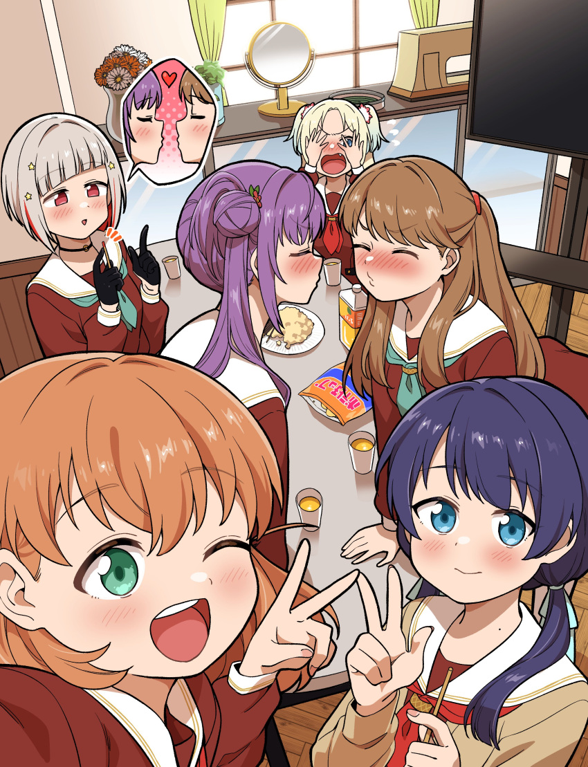 6+girls, absurdres, aqua_eyes, black_choker, black_gloves, blonde_hair, blue_eyes, blue_hair