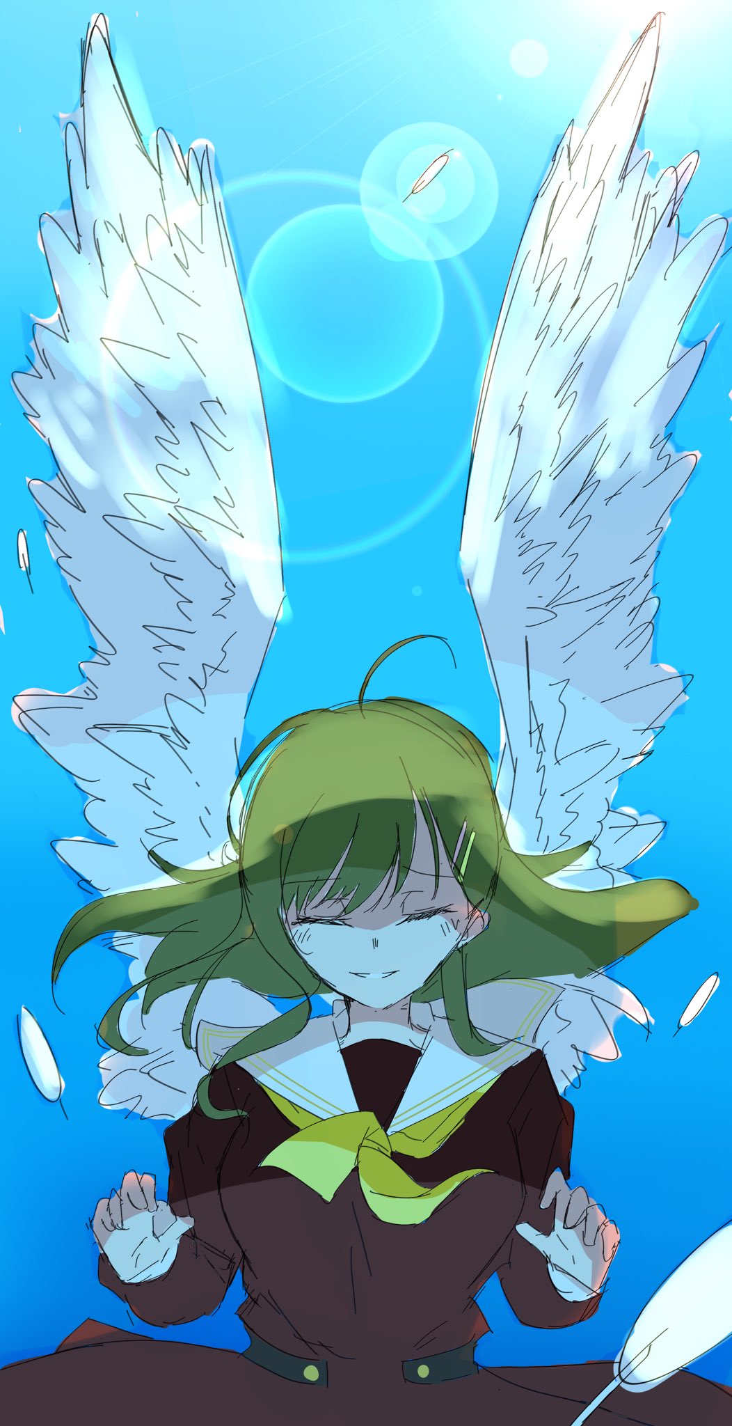 1girl, ahoge, angel_wings, backlighting, blue_sky, brown_dress, closed_eyes, commentary_request