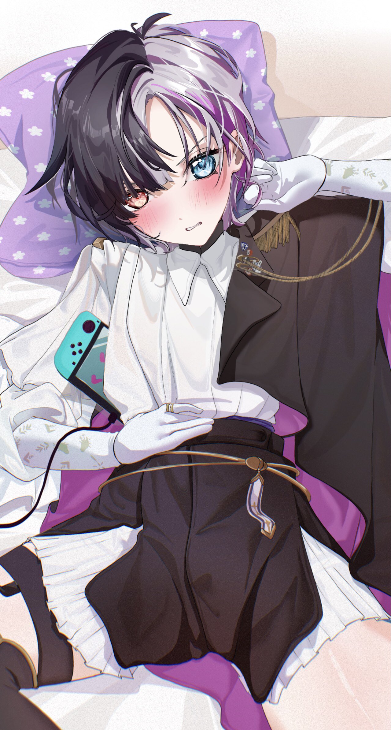 1girl, black_hair, black_jacket, black_skirt, blue_eyes, blush, commentary, commission, gloves, heterochromia, highres, idol_corp, jacket, looking_at_viewer, lying, multicolored_clothes, multicolored_hair, multicolored_jacket, nintendo_switch, on_back, purple_hair, rin_penrose, shirt, short_hair, skirt, solo, split-color_hair, toge0toge0, two-tone_jacket, virtual_youtuber, white_gloves, white_jacket, white_shirt, yellow_eyes