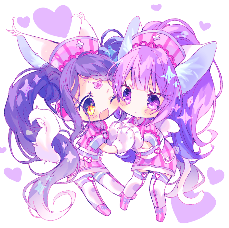2girls, :d, animal_ears, animal_hands, bad_id, bad_twitter_id, blue_hair, blunt_bangs