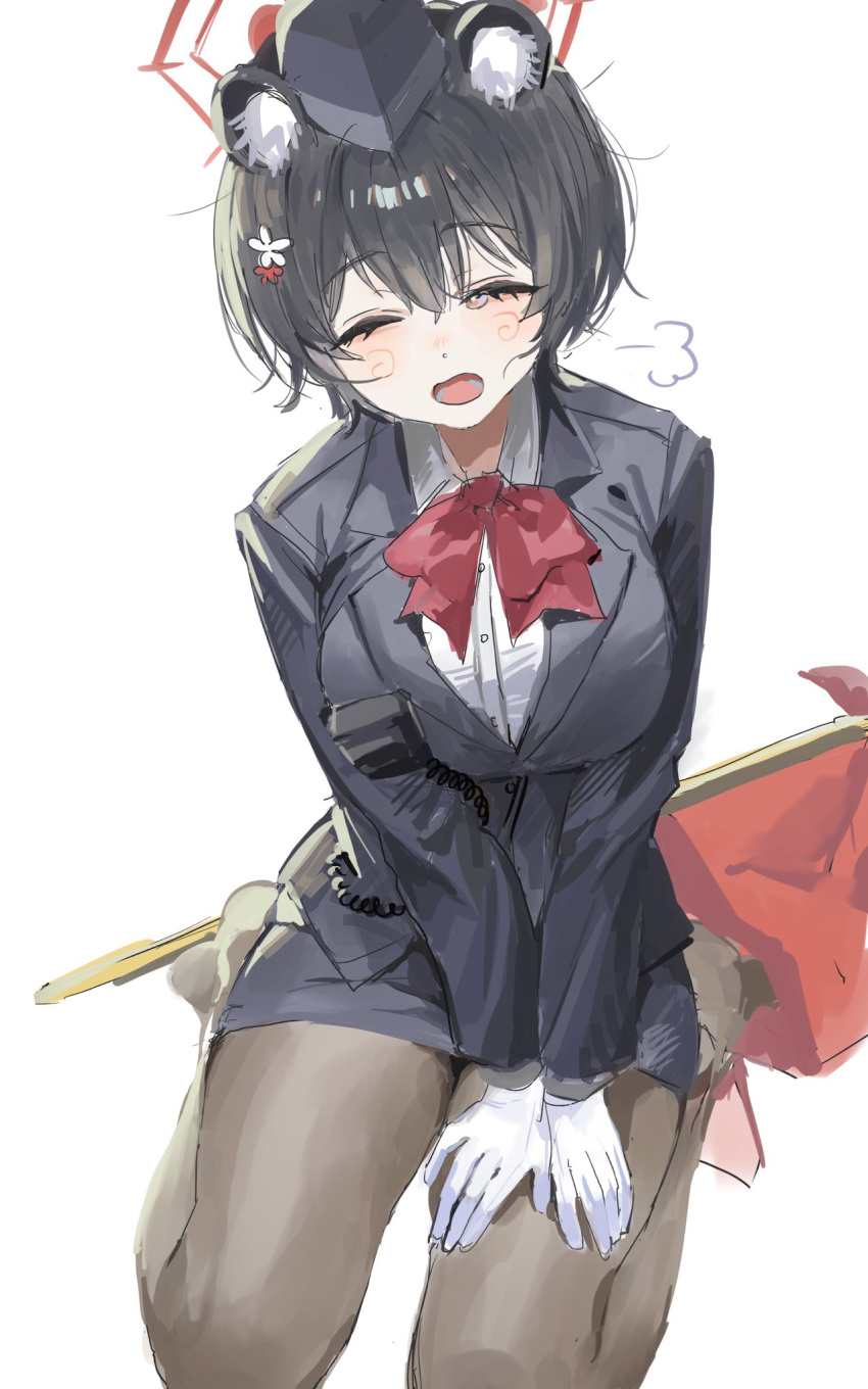1girl, animal_ears, black_hair, black_hat, black_pantyhose, blue_archive, bow, bowtie