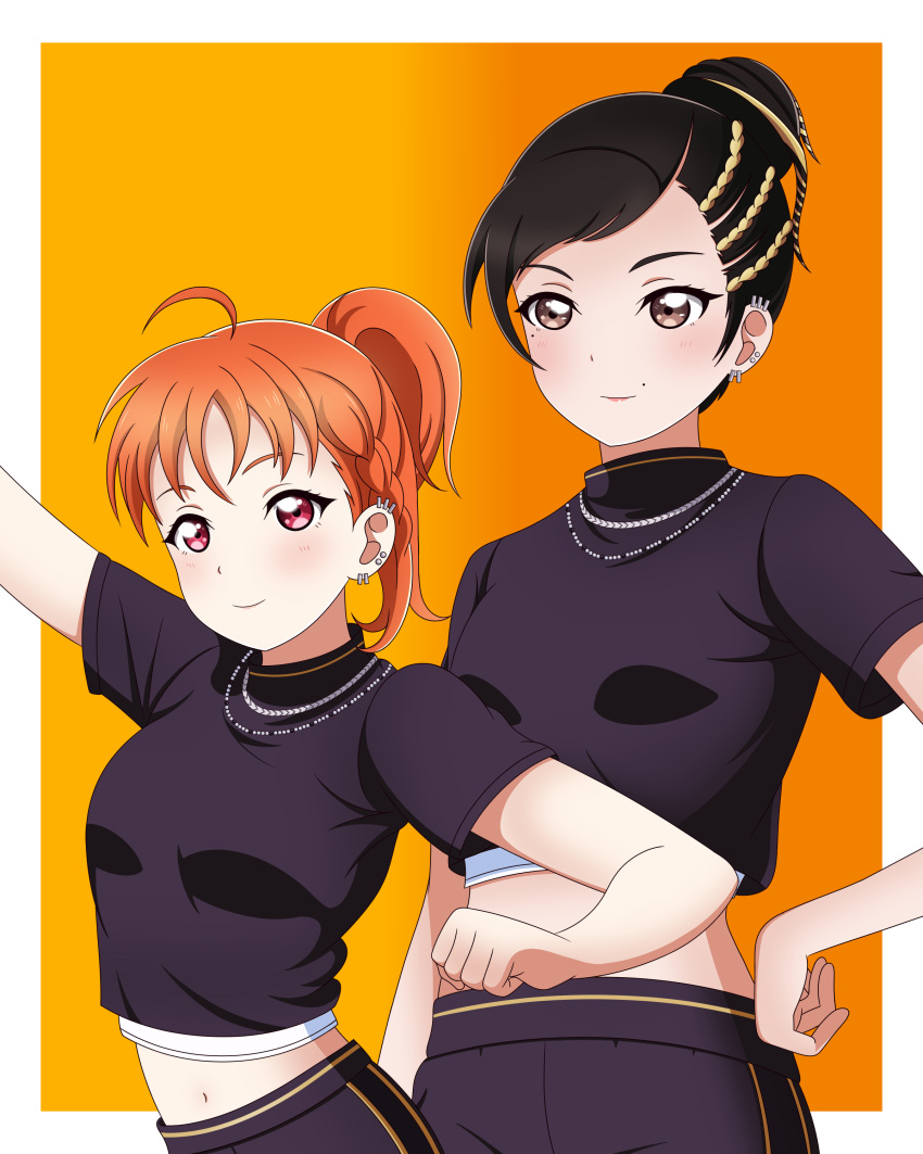 2girls, absurdres, ahoge, black_hair, black_pants, black_shirt, braid, brown_eyes, cosplay, crop_top, ear_piercing, fujinomiya_chitose_(ryuu_ga_gotoku), fujinomiya_chitose_(ryuu_ga_gotoku)_(cosplay), hair_bun, highres, jewelry, looking_at_viewer, love_live!, love_live!_sunshine!!, midriff, mole, mole_above_mouth, multiple_girls, navel, necklace, orange_background, orange_hair, pants, piercing, red_eyes, ryuu_ga_gotoku_(series), ryuu_ga_gotoku_8, shirt, short_hair, side_braid, spanish_commentary, takami_chika, user_kryk2542
