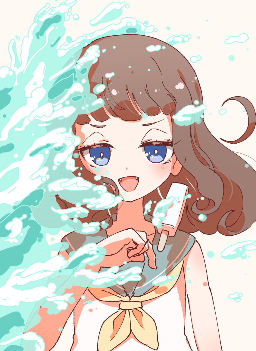 1girl, :d, absurdres, blue_eyes, brown_hair, fangs, food, hand_up