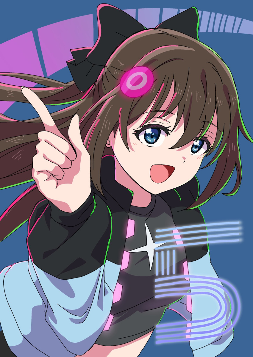 1girl, black_bow, black_shirt, blue_eyes, bow, brown_hair, go_our_way!, hair_bow, half_updo, highres, index_finger_raised, jacket, long_hair, long_sleeves, looking_at_viewer, love_live!, love_live!_nijigasaki_high_school_idol_club, midriff, numbered, open_clothes, open_jacket, open_mouth, osaka_shizuku, shirt, sidelocks, solo, taiyakippassion, upper_body
