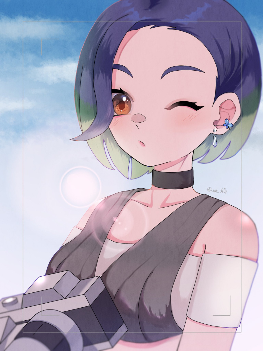 1girl, artist_name, bare_shoulders, black_choker, blue_hair, bob_cut, breasts, brown_eyes