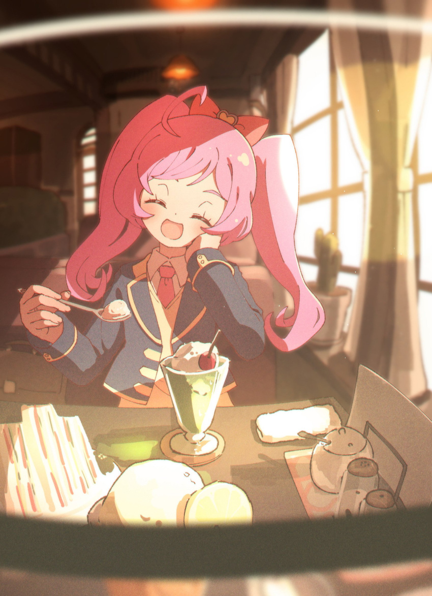 2girls, :d, ^_^, aged_up, ahoge, blue_jacket, blurry, bokeh, bow, cactus, cafe, cherry, closed_eyes, collared_shirt, cropped_jacket, curtains, depth_of_field, facing_viewer, food, fruit, glasses, hair_bow, hand_on_own_cheek, hand_on_own_face, hand_up, highres, holding, holding_spoon, ice_cream, ice_cream_float, indoors, jacket, long_hair, long_sleeves, manaka_laala, manaka_laala_(young), minami_mirei, minami_mirei_(normal), multiple_girls, napkin, necktie, open_mouth, paprika_private_academy_school_uniform, pepper_shaker, pink_bow, pink_necktie, plant, potted_plant, pov, pretty_series, pripara, purple_hair, ruru_ashihara, salt_shaker, school_uniform, shirt, sitting, smile, spoon, table, third-party_source, twintails, upper_body, vest, white_shirt, window, yellow_vest