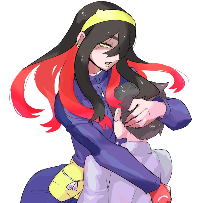 1boy, 1girl, between_breasts, black_hair, breasts, brown_hair, carmine_(pokemon), collared_shirt