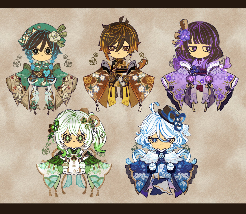 androgynous, black_hair, blue_hair, braid, brown_hair, cross-shaped_pupils, earrings, furina_(genshin_impact)