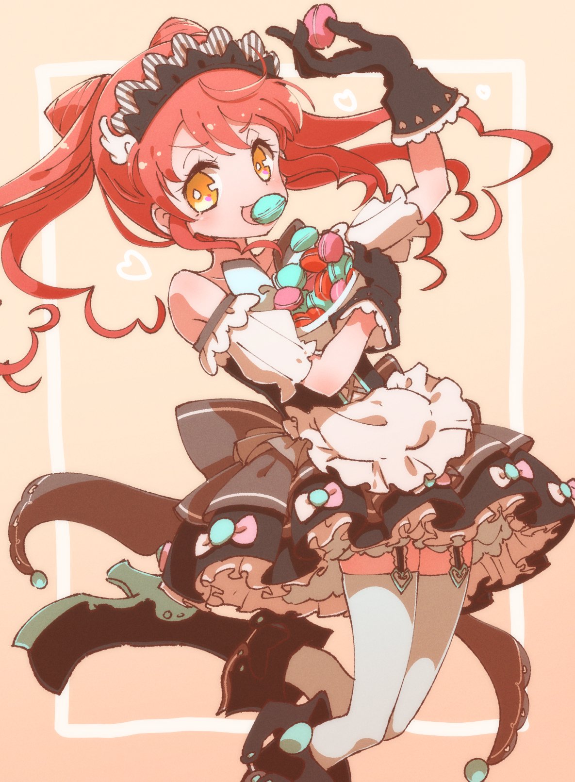 1girl, :d, apron, arm_up, black_dress, black_footwear, black_gloves, boots, bowl, cone_hair_bun, double_bun, dress, food, frilled_apron, frilled_dress, frills, gloves, hair_bun, hand_up, high_heel_boots, high_heels, highres, holding, holding_bowl, holding_food, knee_boots, long_hair, looking_at_viewer, macaron, maid_headdress, mouth_hold, open_mouth, pretty_series, pripara, redhead, ruru_ashihara, shiratama_mikan, smile, solo, standing, standing_on_one_leg, thigh-highs, third-party_source, twintails, white_apron, white_thighhighs