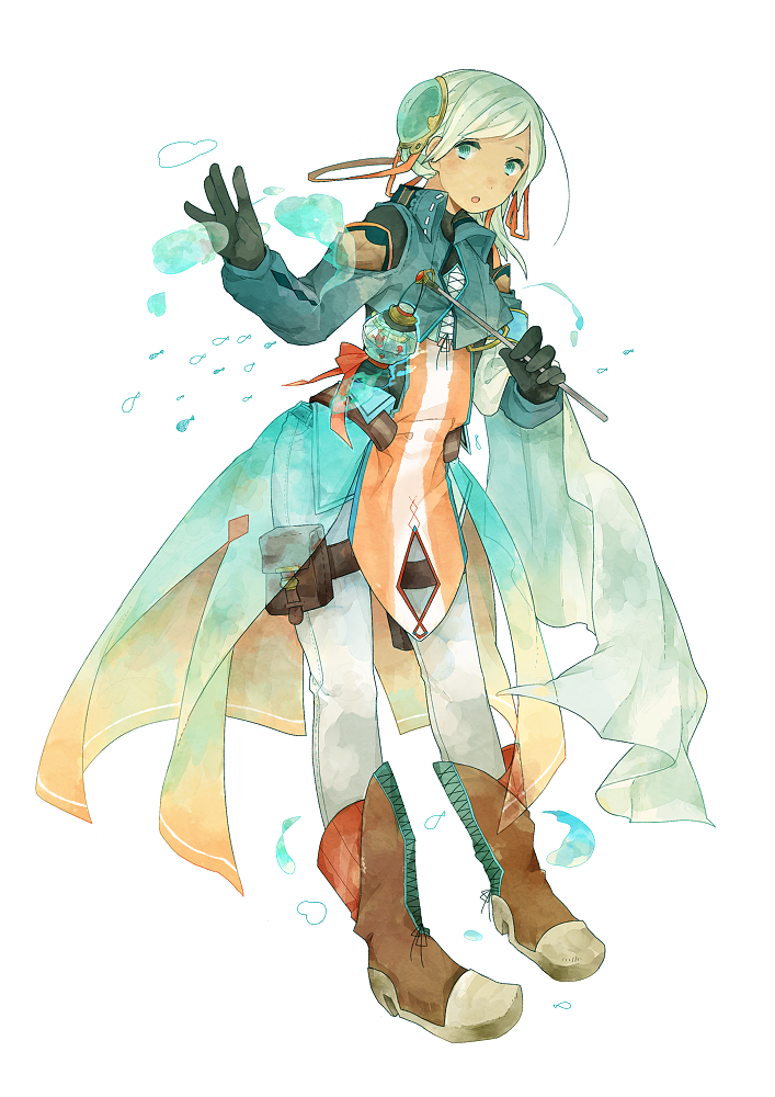 1girl, :o, aqua_eyes, black_gloves, boots, brown_footwear, commentary, full_body, gloves, green_eyes, hair_bun, hand_up, holding, jacket, n8n2n, open_mouth, original, pants, pouch, short_hair, simple_background, solo, standing, symbol-only_commentary, tachi-e, thigh_pouch, white_background, white_hair, white_pants