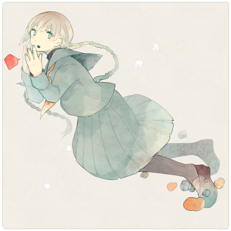 1girl, :o, black_pantyhose, braid, brown_hair, floating, green_eyes, green_nails